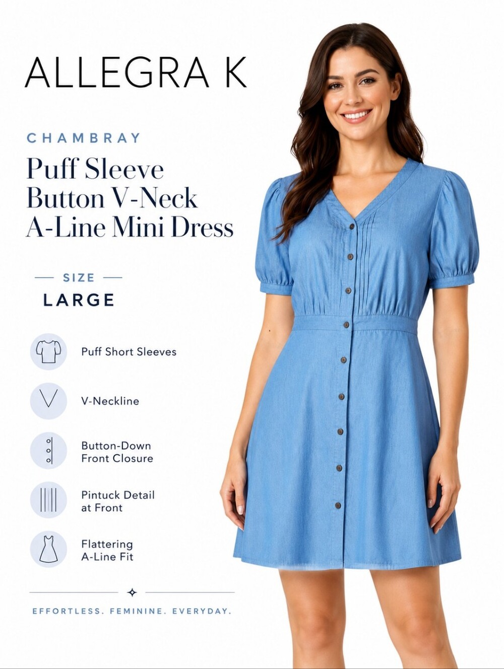 Allegra K Chambray Button-Front A-Line Mini Dress | Puff Sleeve | Size Large